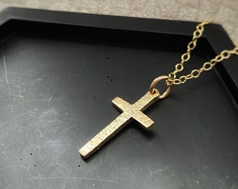 Solid gold hammered simple heavy cross pendant, 9ct gold modern Christian religious handmade textured necklace bible spiritual Jesus faith