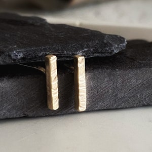 Solid 9ct gold rectangle stud earrings, Hammered texture handmade square bar stud earrings, Unusual geometric minimal mismatched gold