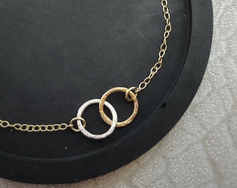 Solid 9ct yellow gold & sterling silver hammered gold hoop bracelet, modern handmade unique circle chain geometric round bracelet chain