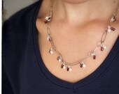 Oxidised blackened sterling silver handmade chain, Red garnets, Fresh water white pearl beads, delicate feminine unique necklace, 20 inches