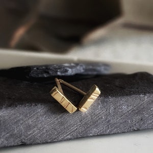 Solid 9ct gold hammered rectangle stud earrings, Simple stylish handmade bar gold studs, Geometric mismatched textured gold studs