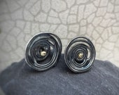 Silver swirl earrings, Black and Gold Oxidised sterling silver swirl unique stud earrings with 18ct yellow gold centres, mismatched studs