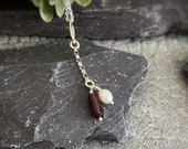 Silver pearl pendant, Sterling silver handmade fresh water pearl and red garnet bead pendant 18 inch chain