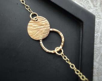 Solid gold interlocking coin  circle necklace, a handmade hammered textured 9ct solid gold hoop, round modern gold chain disc necklace