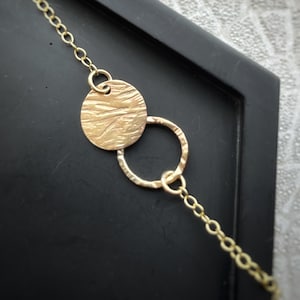 Solid gold interlocking coin  circle necklace, a handmade hammered textured 9ct solid gold hoop, round modern gold chain disc necklace