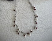 Oxidised blackened sterling silver handmade chain, Red garnets, Fresh water white pearl beads, delicate feminine unique necklace, 20 inches