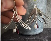 Silver dangly leaf earrings, Sterling silver handmade leaves, White fresh water pearl and red garnet drop earrings