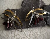 Silver dangly leaf earrings, oxidised black sterling silver, 18ct Yellow gold leaves with red garnets and white fresh water pearl earrings