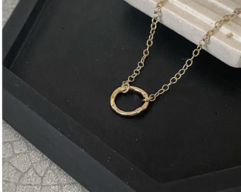 Solid 9ct gold hoop necklace, a handmade hammered and textured gold circle pendant on a gold chain, modern contemporary round necklace