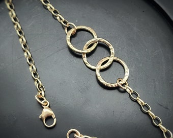 Solid 9ct gold hammered heavy chain 3 interlocking yellow gold hoop bracelet, modern handmade unique circle geometric round contemporary