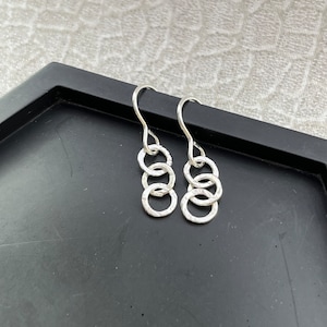 Sterling silver 3 hammered hoop earrings, handmade bark textured round ring circle interlocking dangly round drop earrings