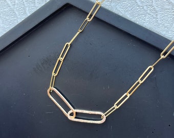 Solid gold interlocking oval necklace, a handmade hammered textured 9ct solid gold paper clip, oval paper chain modern gold chain necklace
