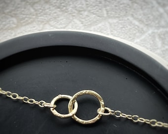 Solid 9ct gold 2 sized hoop hammered yellow gold bracelet, modern handmade unique circle chain geometric round bracelet, contemporary chain