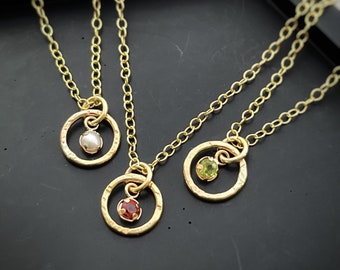 Solid gold birthstone hoop gemstone pendant, handmade hammered textured 9ct gold circle pendant birthday month precious gem round necklace