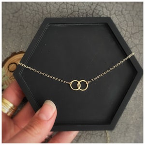 Solid gold interlocking circle necklace, a handmade hammered textured 9ct solid gold hoop, round modern gold chain necklace
