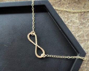 Solid gold interlocking forever infinity necklace, a handmade hammered textured 9ct solid gold symbol, round modern gold chain necklace