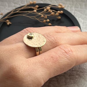 Solid recycled gold 9ct and diamond statement ring. Tree bark texture pebble delicate 2mm band ring, simple modern 9ct yellow gold stylish