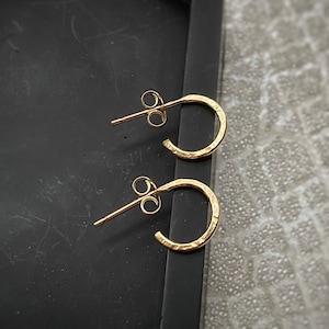 Tiny solid gold hammered circle hoop earrings, small 9ct yellow gold round hoop bark textured huggies, Simple geometric gold earrings