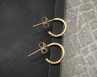 Tiny solid gold hammered circle hoop earrings, small 9ct yellow gold round hoop bark textured huggies, Simple geometric gold earrings