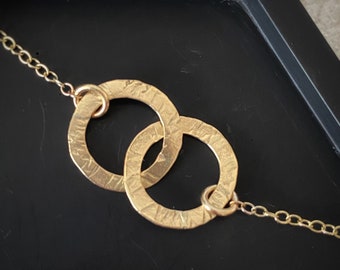 Solid gold large interlocking circle necklace, a handmade hammered textured 9ct solid gold hoop, round modern gold chain necklace