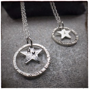 MUMMYS STAR charity sterling silver star and hammered hoop personalised handmade initial pendant image 1