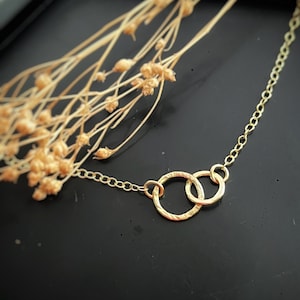 Solid gold interlocking 2 size circle necklace, a handmade hammered textured 9ct solid gold hoop, round modern chain for mother & child