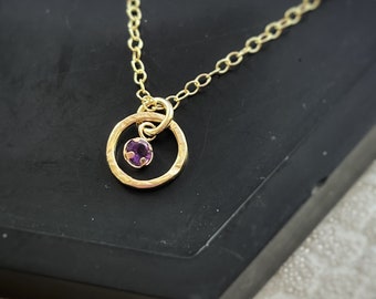 Solid gold Purple Amethyst birthstone hoop gemstone pendant, handmade hammered textured 9ct gold circle birthday month February precious gem