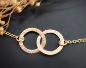 Solid gold large interlocking circle heavy chain necklace, a handmade hammered textured 9ct solid gold hoop, round modern gold