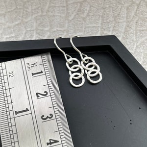 Sterling silver 3 hammered hoop earrings, handmade bark textured round ring circle interlocking dangly round drop earrings image 2