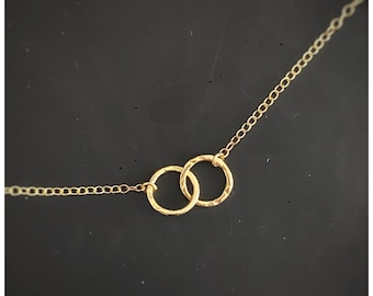 Solid gold interlocking circle necklace, a handmade hammered textured 9ct solid gold hoop, round modern gold chain necklace