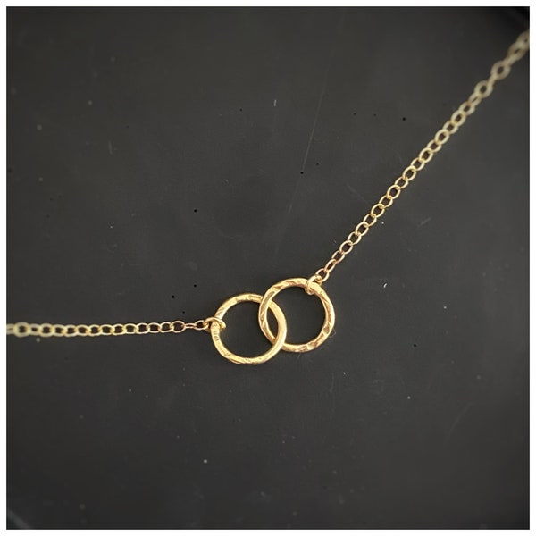 Solid gold interlocking circle necklace, a handmade hammered textured 9ct solid gold hoop, round modern gold chain necklace