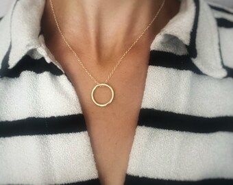 Solid chunky 9ct gold hoop pendant, a heavy handmade simple gold circle hoop pendant on a solid gold chain, modern contemporary round