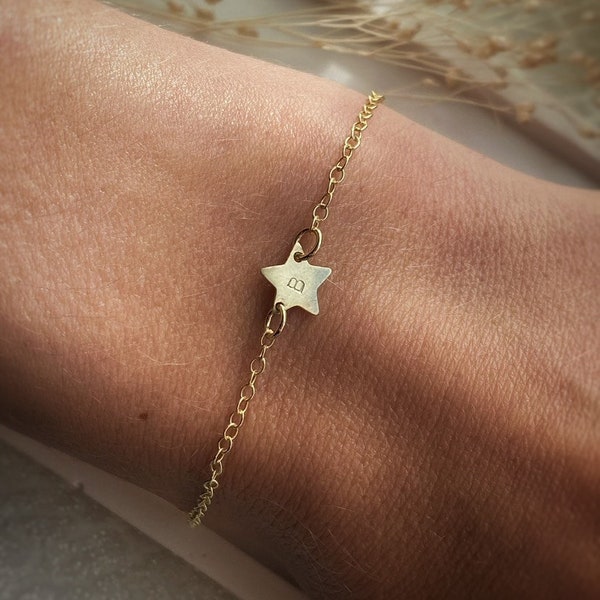 Solid 9ct gold personalised star chain bracelet, handmade letter delicate simple modern gold bracelet