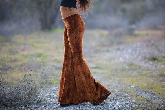 Gold Velvet Bell Bottoms, high waisted flare pants, eco-friendly clothing, hemp clothing women, hand dyed clothing