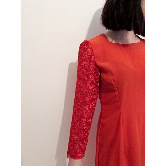 90s Bright Red Silk & Lace Maxi Sheath Dress, lon… - image 5