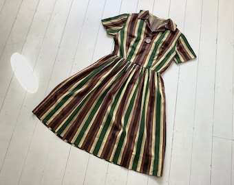 1950s / 1940s  Striped Shirt Dress, Big Button, Green, Yellow, Brown, Cotton