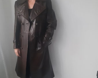 Vintage jaren '70 chocolade lederen trenchcoat lange jas