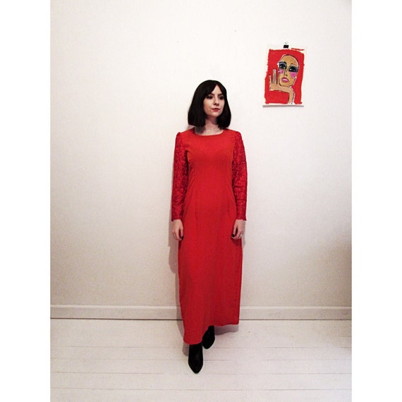 90s Bright Red Silk & Lace Maxi Sheath Dress, lon… - image 1
