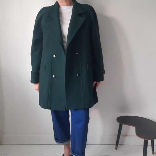 Vintage Bottle Green Oversized Wool Pea Coat Gold Buttons