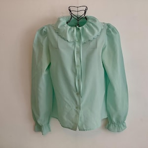 Vintage Mint Sheer Pierrot Embroidered Ruffle Collar Blouse