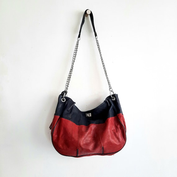 【極美品】マルニ トランク 2way レザー ネイビー 紺 赤 ショルダーバッグ ネイビーと赤のレザー ハンドバッグ 極美品】マルニ トランク 2way