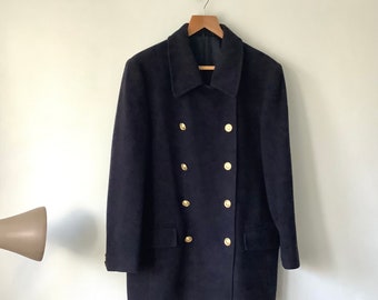 Cappotto da marinaio sartoriale in lana/blu navy vintage, bottoni nautici vintage in oro