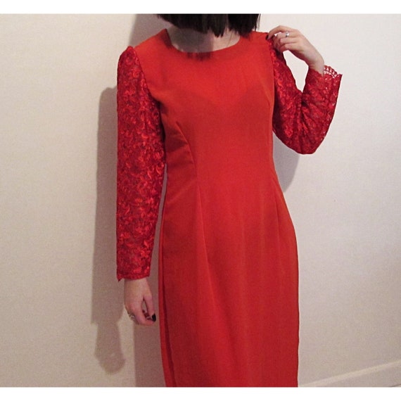 90s Bright Red Silk & Lace Maxi Sheath Dress, lon… - image 2