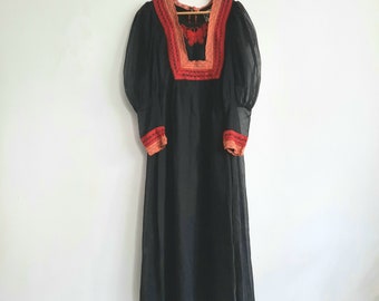 Vintage 70s Indian Cotton Maxi Dress | Bohemian Bishop Sleeve Smock