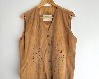 STRIWA | Vintage 70s Tan Suede Western Waistcoat Floral Enbroidered Authentic Suede