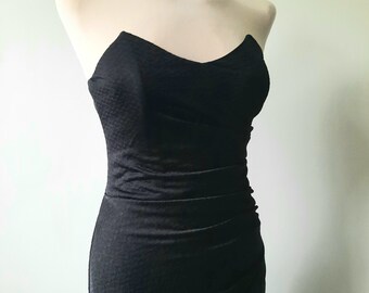 Vintage 70s Black Bodycon Dress, Strapless Corset Dress, Geometric Pattern