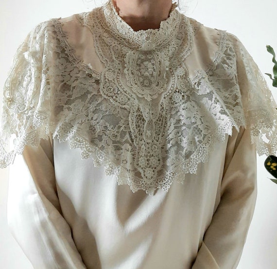 Vintage 70s Huge Statement Collar Blouse, Silk & l