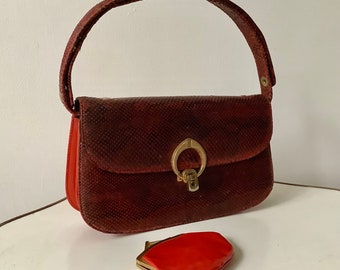 Vintage 60s Snakeskin Clutch Shoulder Handbag with Purse