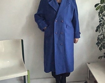 Vintage 80s Oversized Bright Blue Long Wool Trench Coat