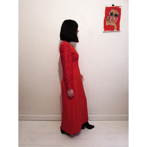 90s Bright Red Silk & Lace Maxi Sheath Dress, lon… - image 3
